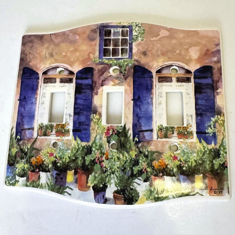 Ceramic Triple Light Switch Plate Santa Barbara Design Judy Buswell Blue Shutter